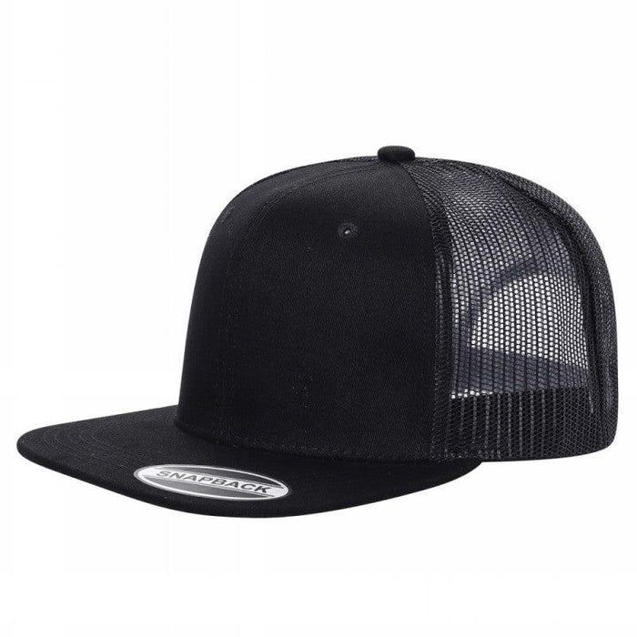 Black Trucker Mesh Hat Cap 6 panel, Flat Brim