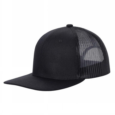 Black Trucker Mesh Hat Cap Tencel 6 Panel Flat Brim