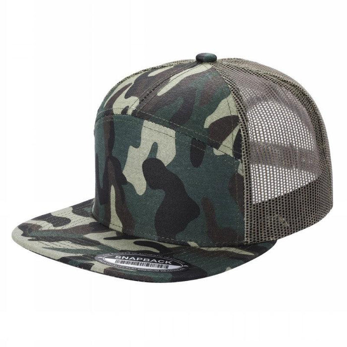 Camouflage Trucker Mesh Hat Tencel Cap 7 Panel Flat Brim