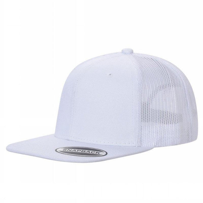 White Trucker Mesh Hat Cap 6 panel, Flat Brim