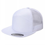 White Trucker Mesh Hat Tencel Cap 7 Panel Flat Brim